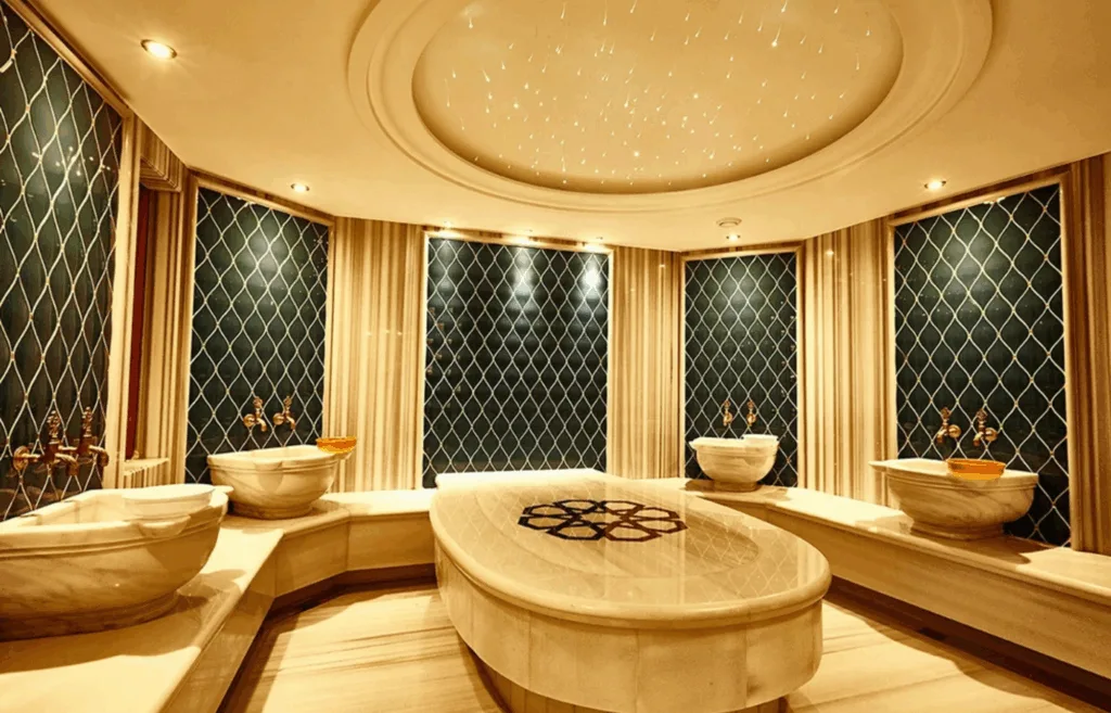 Exclusive personal Turkish hammam bath banner featuring traditional steam, marble details and a relaxing luxury spa ambiance.